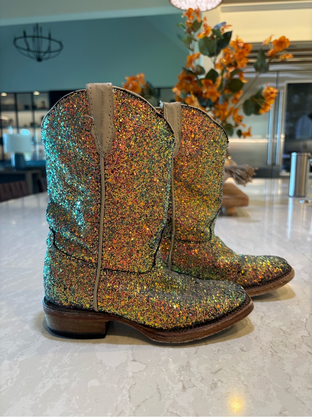 Tanner Mark Girls Mermaid Blue Glitter Leather Western Boots Square Toe Sz 10